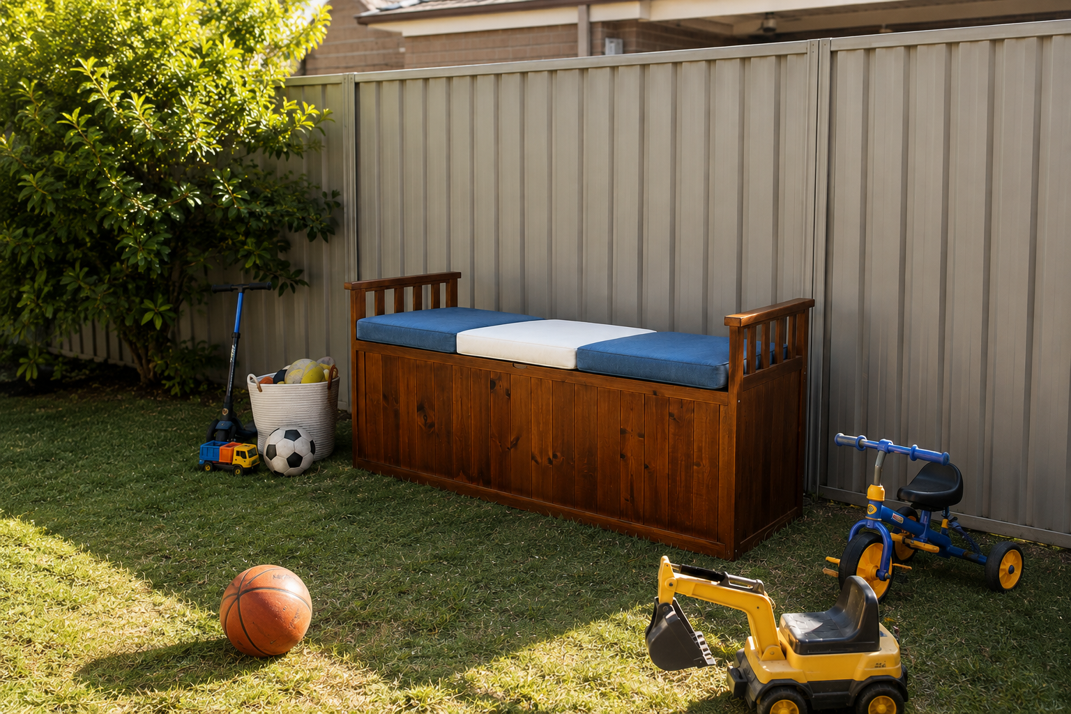 A wooden storage bench with blue and white cushions sits on a grassy backyard lawn next to a corrugated metal fence. A basketball, soccer ball, toy push mower, tricycle, and toy excavator are scattered around the yard.