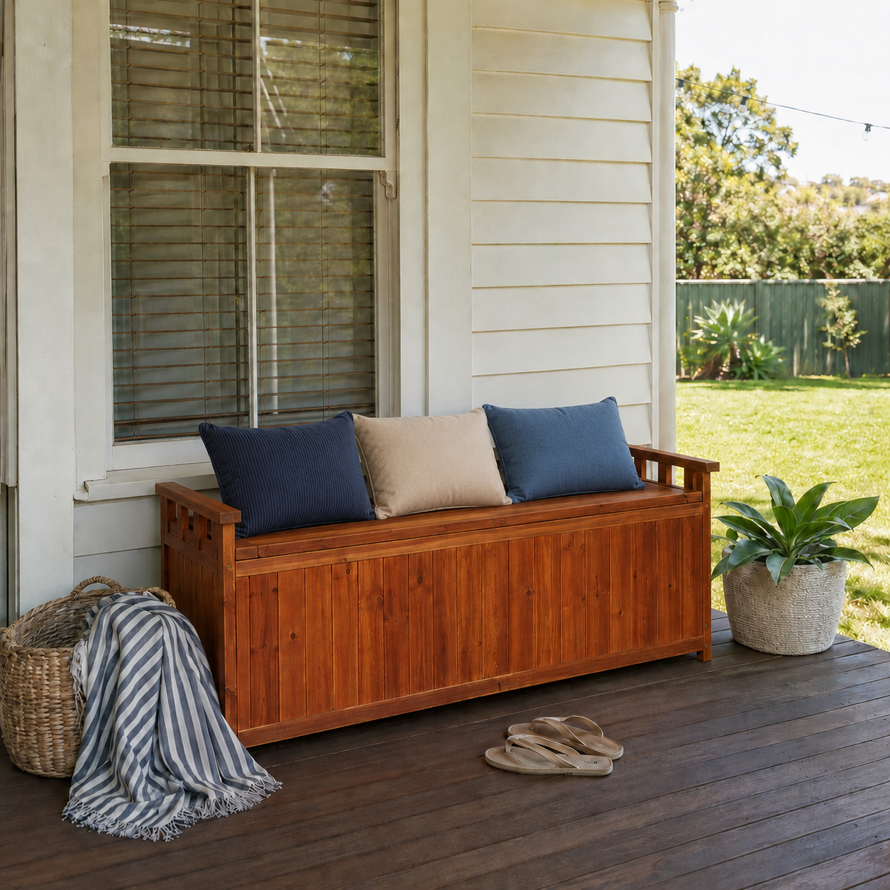 Wooden bench with cushions on a porch with a house and garden in the background