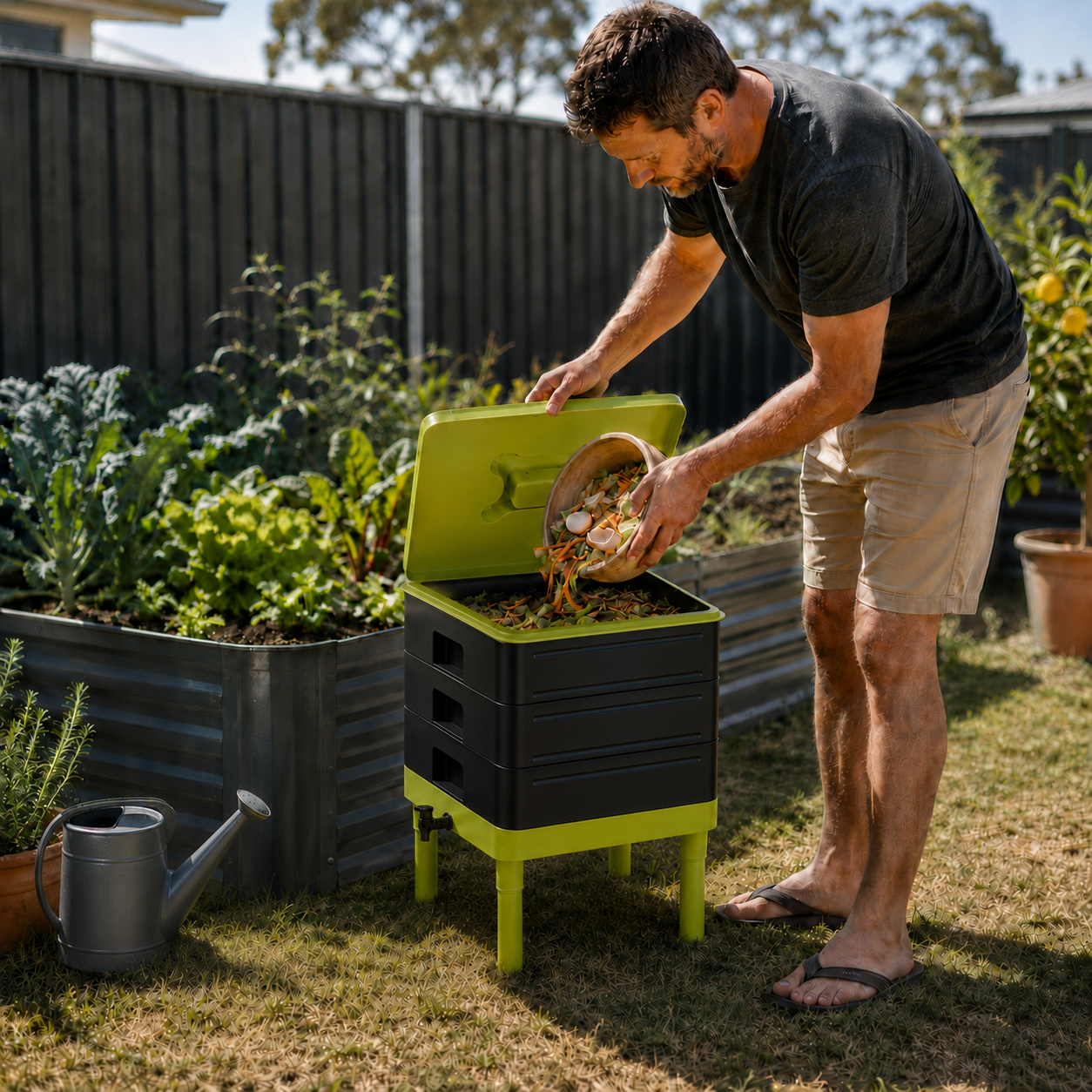 Man putting food scraps into a worm compost bin