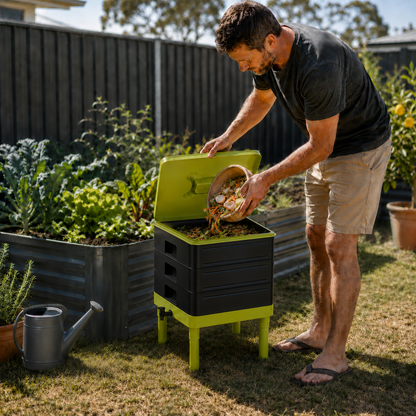 Man putting food scraps into a worm compost bin
