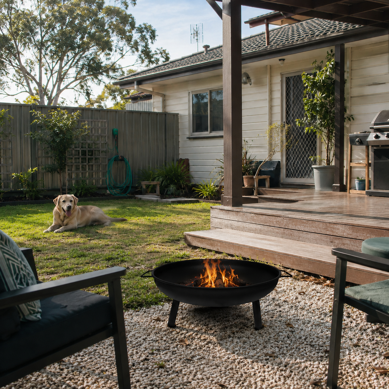 Black steel outdoor fire pit in backyard and dog lying on the grass