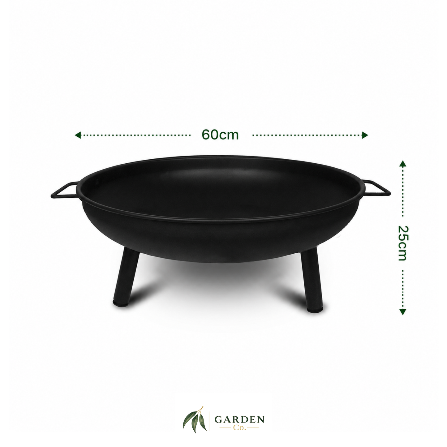 Black steel fire pit with dimensions labeled on a white background, featuring the Garden Co. brand.