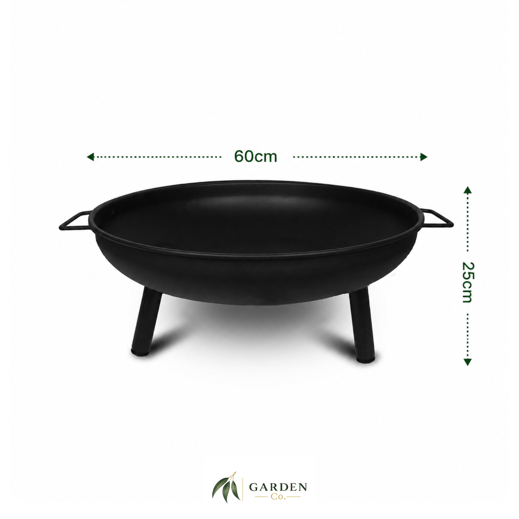 Black steel fire pit with dimensions labeled on a white background, featuring the Garden Co. brand.