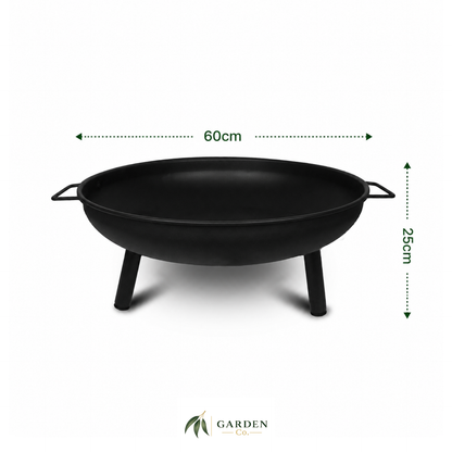 Black steel fire pit with dimensions labeled on a white background, featuring the Garden Co. brand.