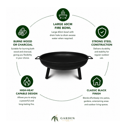 Black steel outdoor fire pit with features listed on a white background