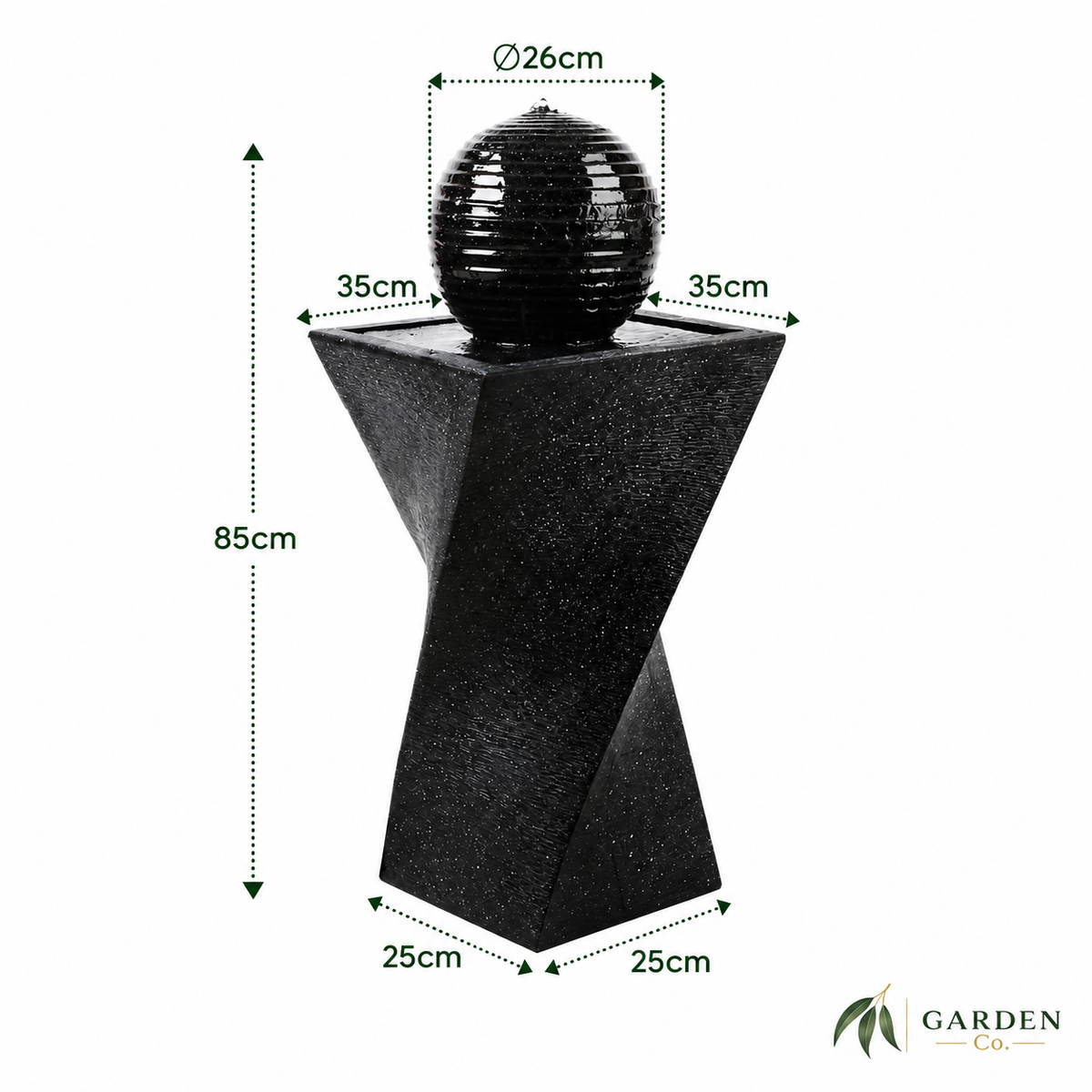 Black twisted geometric pedestal fountain with a spherical water feature on top, shown with dimension labels: 85cm height, 26cm sphere diameter, and 35cm/25cm base measurements on a white background.