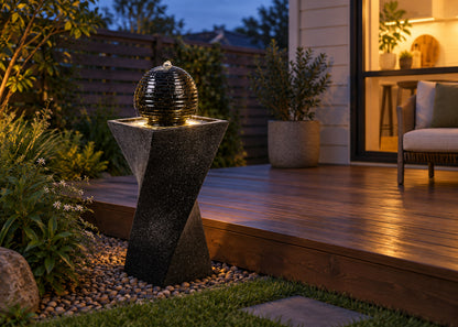 A modern outdoor water fountain with a ribbed metallic sphere and a twisted stone base, illuminated at dusk on a wooden deck beside a house.
