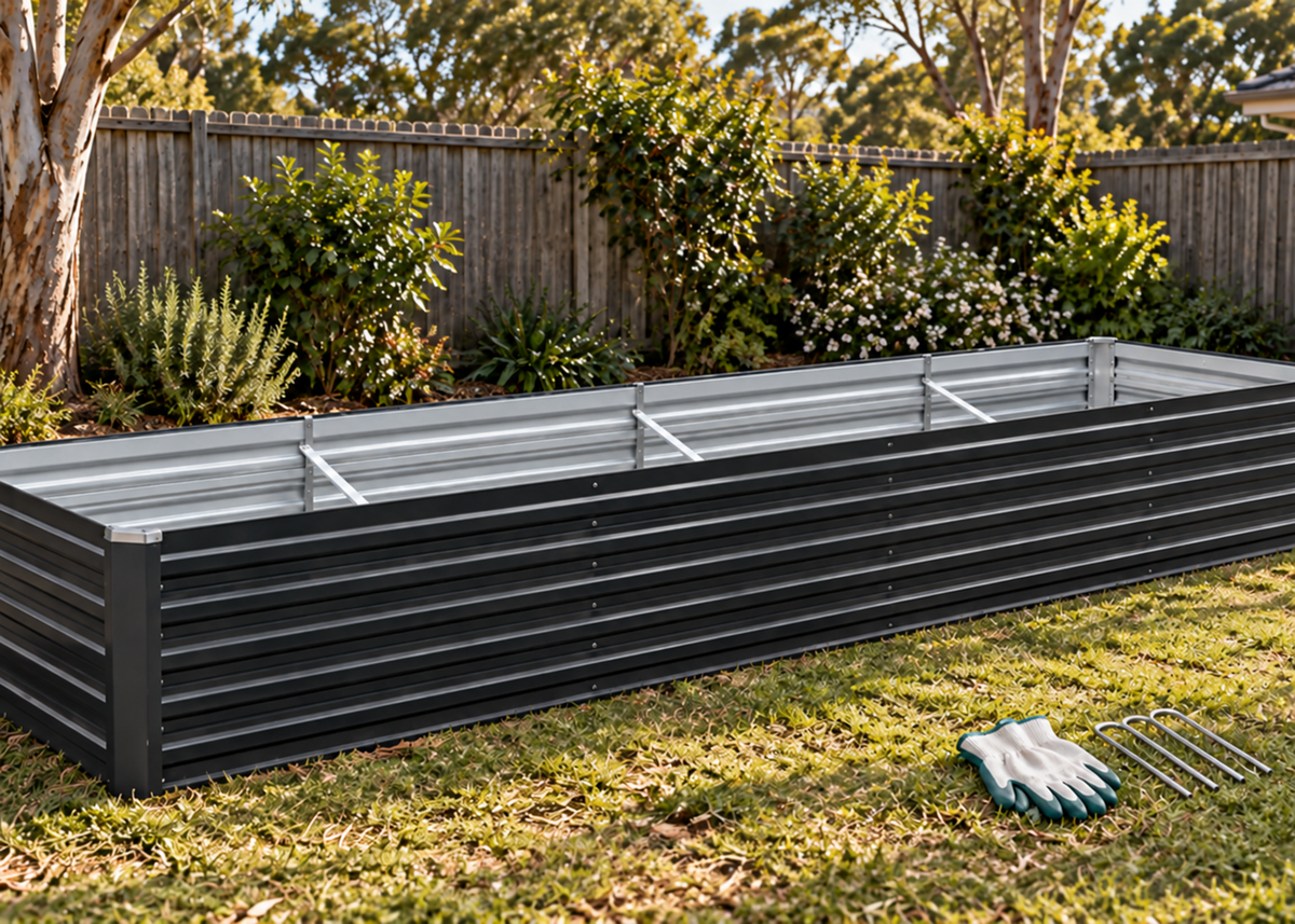 A rectangular corrugated metal raised garden bed on a grassy backyard lawn, with a pair of green gardening gloves and metal stakes on the grass in the foreground. A wooden fence and leafy green bushes are visible in the background.
