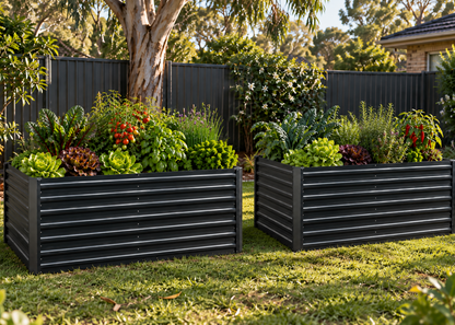 2 x Garden Beds sitting on lawn filled with herbs and vegetables