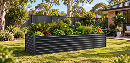 1 large garden bed on lawn filled with herbs and vegetables