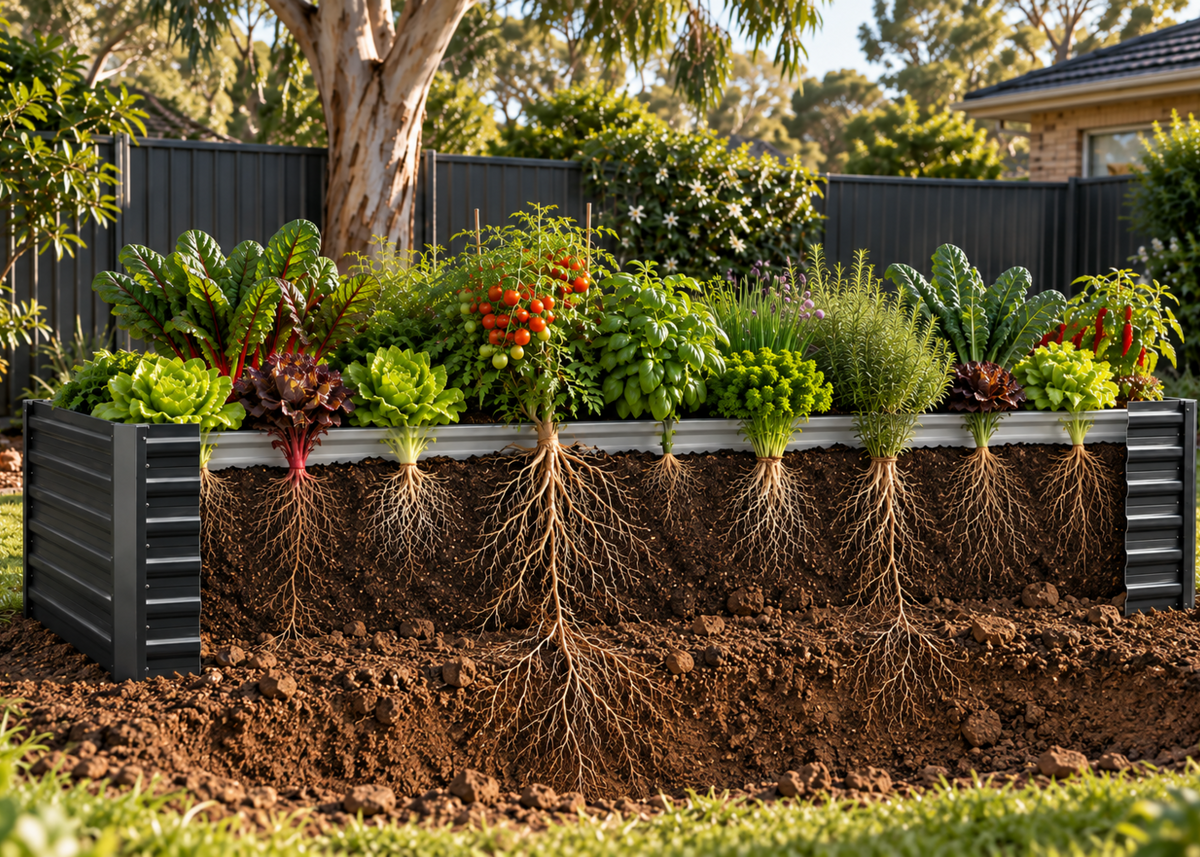 Infographic of roots below the ground level below a raised garden bed.