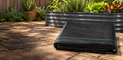 A folded black landscape fabric mulch bag with a bright blue-green stitched line, placed on a stone patio in a garden setting with a corrugated metal planter in the background.