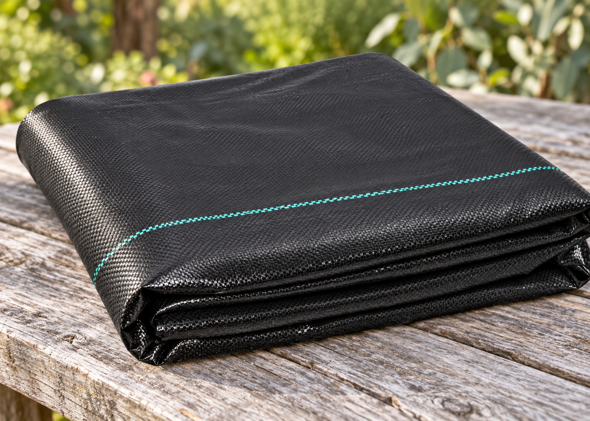 A folded black textured fabric cover or tarp with a thin turquoise stitched stripe, resting on a weathered wooden table with a blurred green garden background.