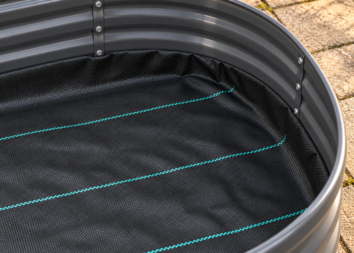 Close-up of a black corrugated metal tub liner with a black mesh bottom and bright teal stitching, shown on an outdoor paved surface.