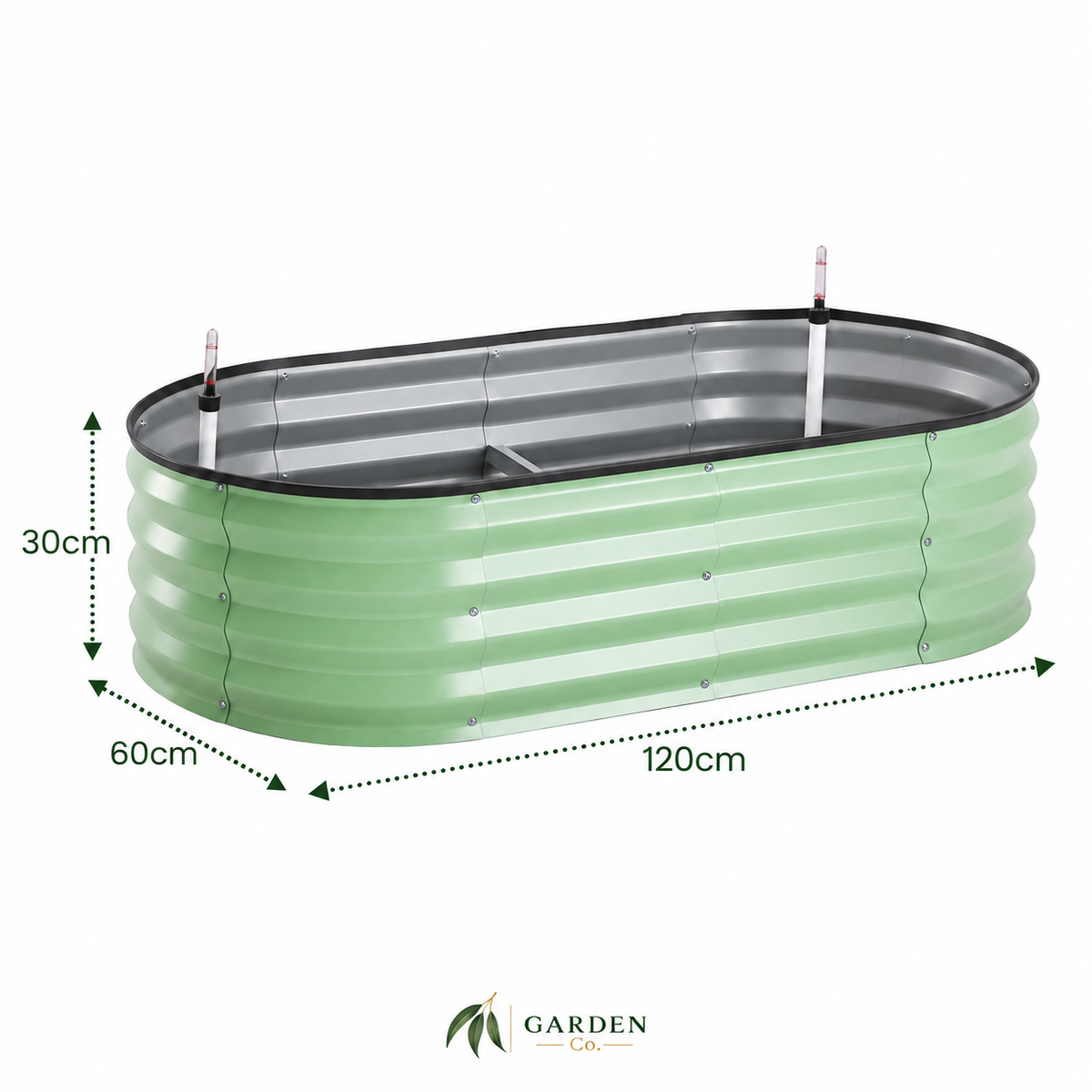 Green self-watering raised garden bed dimensions: 120cm long, 60cm wide and 30cm high, with Garden Co logo.