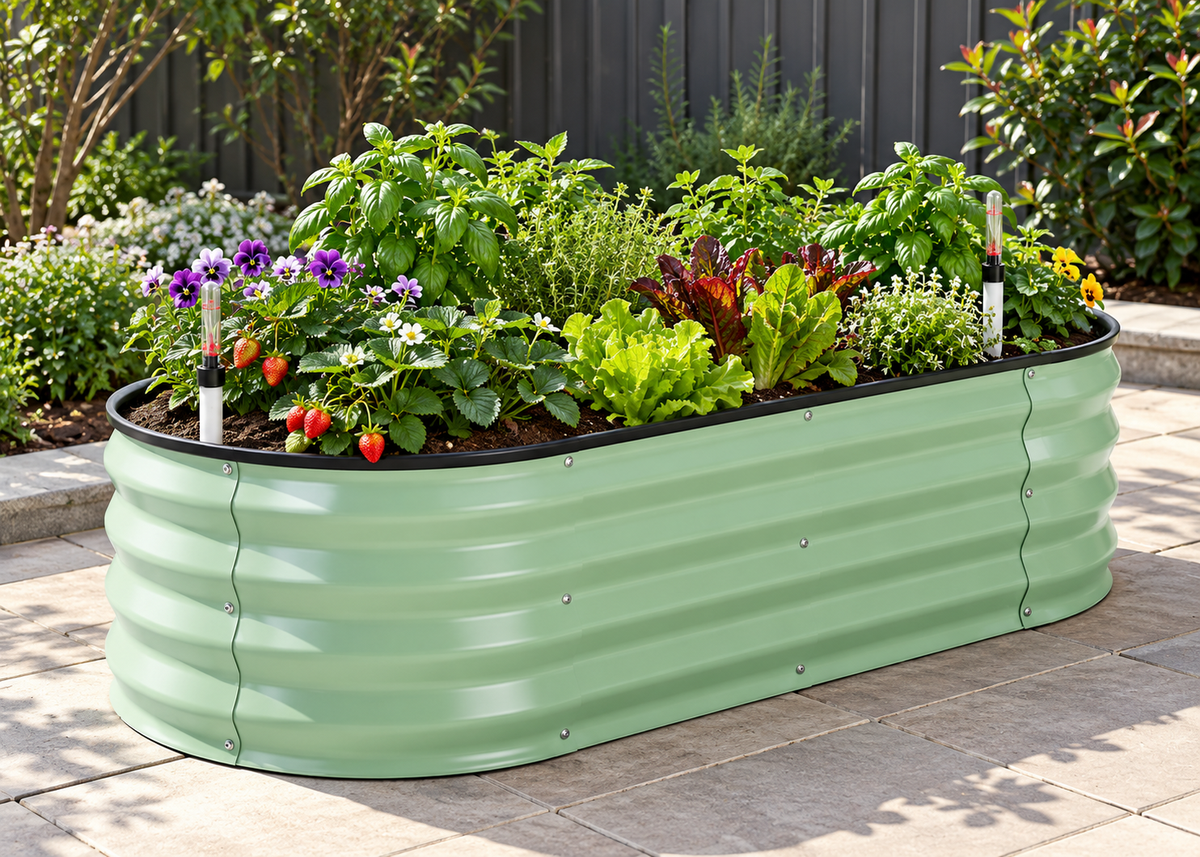 Green oval self-watering garden bed growing herbs, salad greens, strawberries and small flowers.