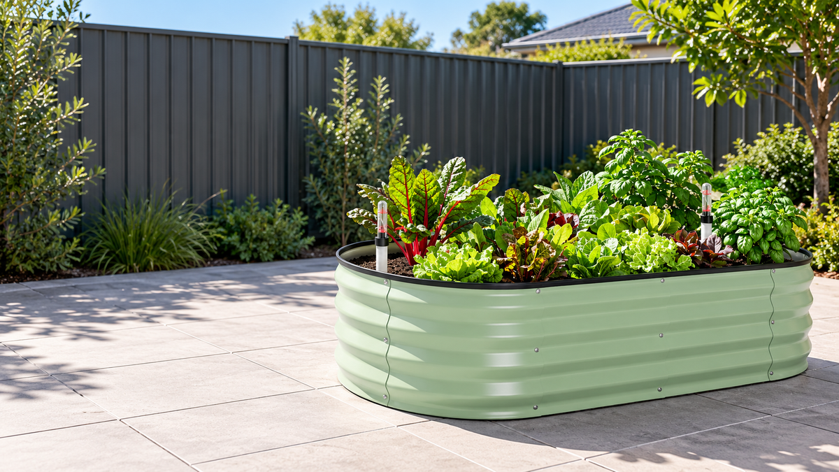 Green self-watering raised garden bed with lettuce, rainbow chard and basil beside an Australian backyard fence.