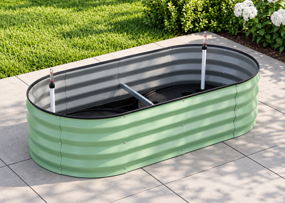 Empty green raised garden bed showing two water level gauges, a crossbar and black reservoir bases.
