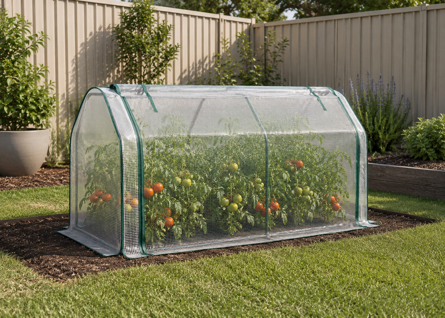 A small arched greenhouse with a clear mesh cover and green trim, set up over tomato plants in a backyard garden. The structure is placed on a bed of mulch next to a grassy lawn, with a beige fence and potted plants in the background.