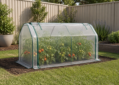 A small arched greenhouse with a clear mesh cover and green trim, set up over tomato plants in a backyard garden. The structure is placed on a bed of mulch next to a grassy lawn, with a beige fence and potted plants in the background.
