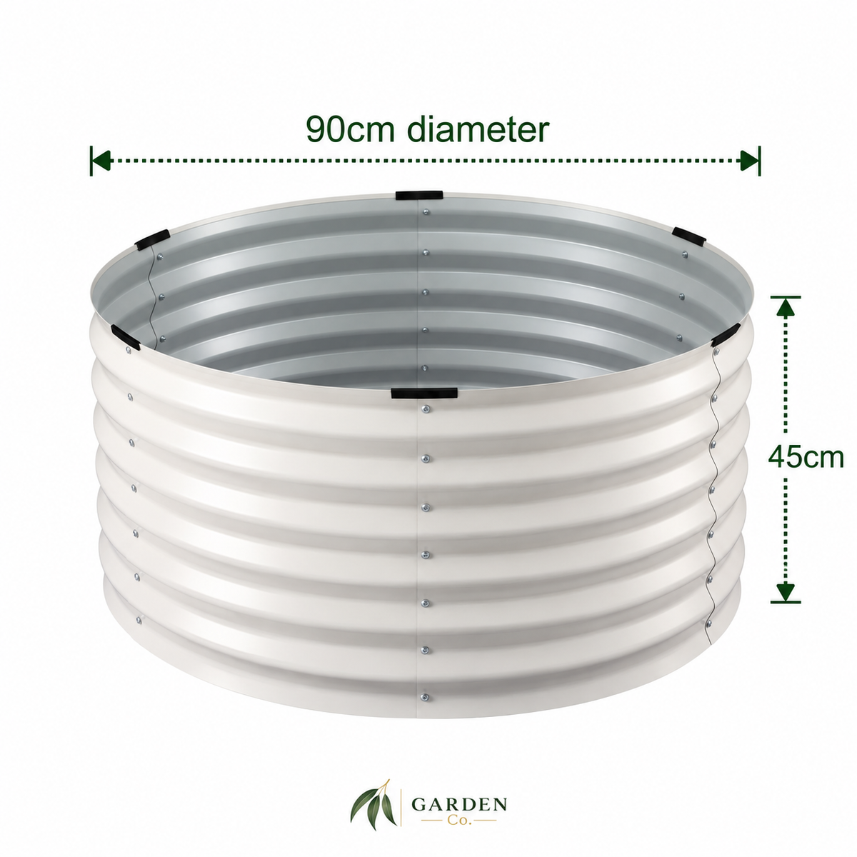 A corrugated metal raised garden bed shown on a white background with dimension arrows indicating a 90cm diameter and 45cm height, plus the Garden Co logo below.