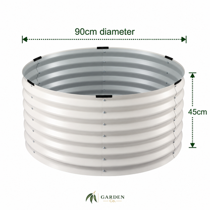 A corrugated metal raised garden bed shown on a white background with dimension arrows indicating a 90cm diameter and 45cm height, plus the Garden Co logo below.