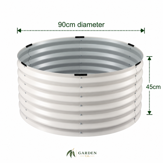 A corrugated metal raised garden bed shown on a white background with dimension arrows indicating a 90cm diameter and 45cm height, plus the Garden Co logo below.