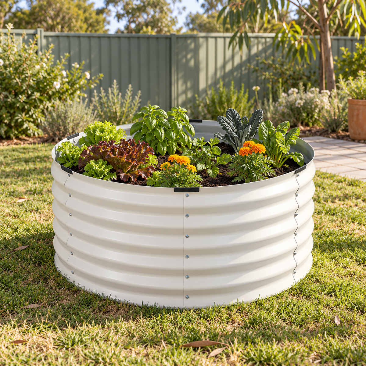 A round white corrugated metal raised garden bed filled with leafy greens, kale, and orange flowers, situated on a green lawn in a backyard setting.