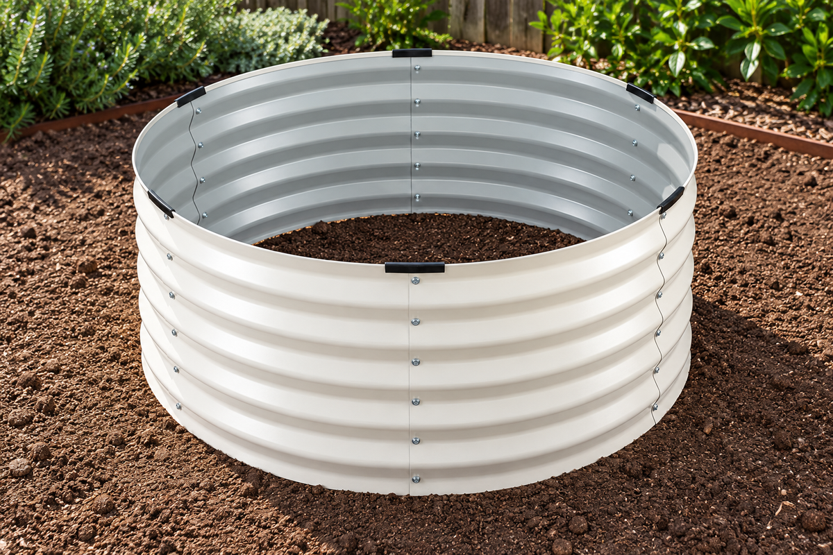 A circular corrugated metal raised garden bed filled with soil, shown outdoors in a garden bed with plants in the background.