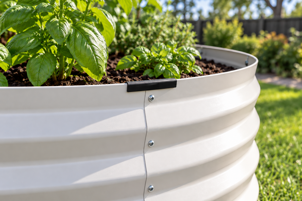A white corrugated metal raised garden bed filled with soil and green basil plants, photographed outdoors on a grassy lawn with a blurred background.
