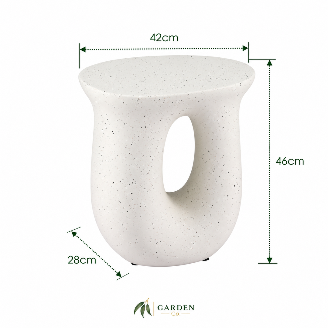 A white speckled ceramic planter pot with a central oval cutout, shown with dimension lines indicating a height of 46cm, width of 42cm, and base diameter of 28cm. The brand logo 'GARDEN' is visible at the bottom.