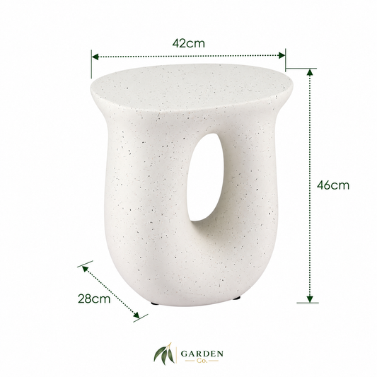 A white speckled ceramic planter pot with a central oval cutout, shown with dimension lines indicating a height of 46cm, width of 42cm, and base diameter of 28cm. The brand logo 'GARDEN' is visible at the bottom.