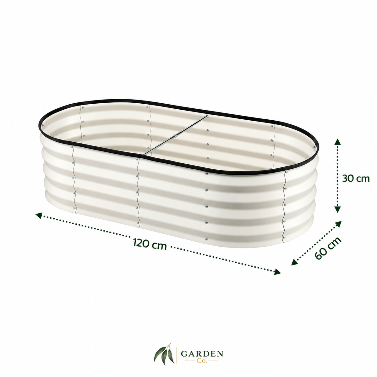 An oval corrugated metal garden planter with dimension annotations showing 120 cm length, 60 cm width, and 30 cm height, on a white background with the Garden Co logo at the bottom.