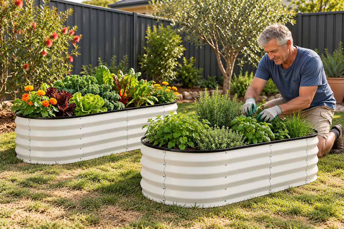 A man gardening in a backyard next to two white corrugated metal raised garden beds filled with green plants and colorful flowers.