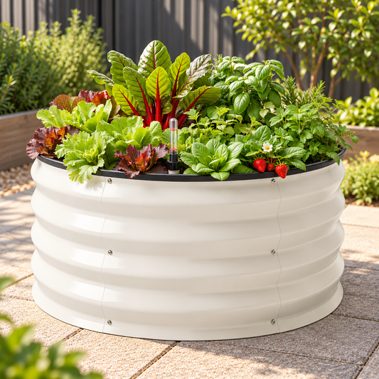 A round white corrugated metal raised garden bed filled with leafy greens, red chard, strawberries, and other vegetables, set on a stone patio in a garden.
